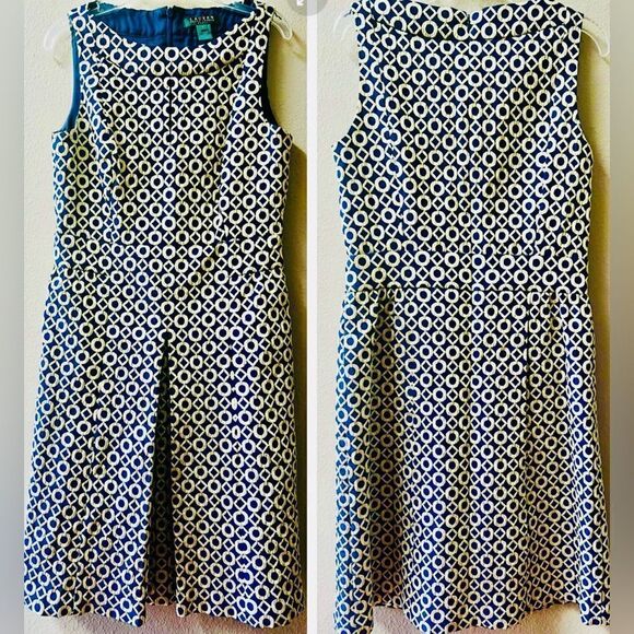 RALPH LAUREN BLUE/GOLD FAUX SPLIT FRONT SKIRT SHEATH DRESS SIZE 4 - Picture 2 of 11